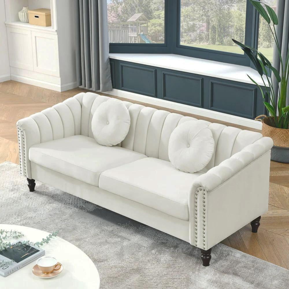 Gewnee Chesterfield Velvet Sofa Couch with Nailhead Trim and 2 Pillows for Living Room,Beige