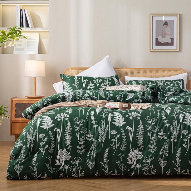 Funda Nórdica Tamaño Reina, 3 Piezas Floral Esmeralda, Verde Botánico