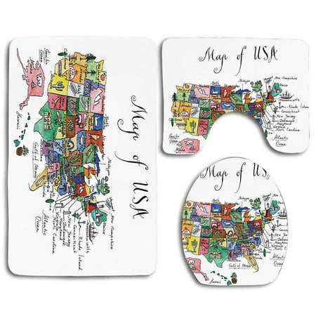 CHAPLLE Usa Map American Plan Symbolic Cultural Elements States Folk Local Icons 3 Piece Bathroom Rugs Set Bath Rug Contour Mat and Toilet Lid (Best Way To Use Bathmate)