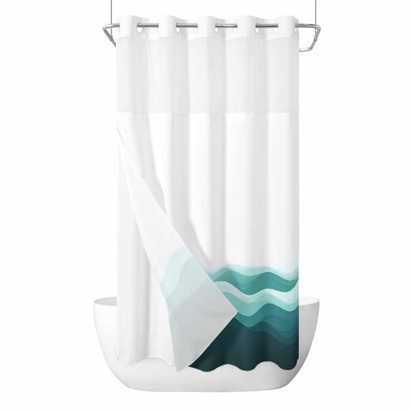 No Hook Shower Curtains with Detachable Snap-in Liner Set, Teal Ombre Waterproof Hotel Style Bathroom Shower Curtain, Summer Minimalist Ocean Waves Breathable Mesh Top Window Bath Curtains 36''x72''