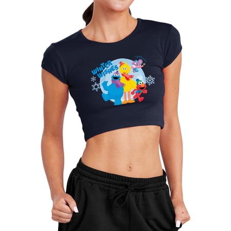 Sesame Street Winter Wishes Elmo, Cookie Monster, Big Bird Women's Cap Sleeve Baby Rib Crop Top, Navy, Medium