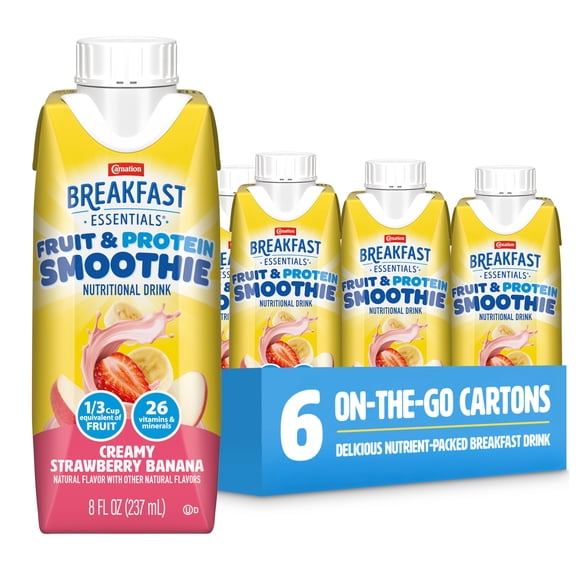 Carnation Breakfast Essentials Fruit and Protein Smoothie, Creamy Strawberry Banana, 8 fl oz, 6 Pack