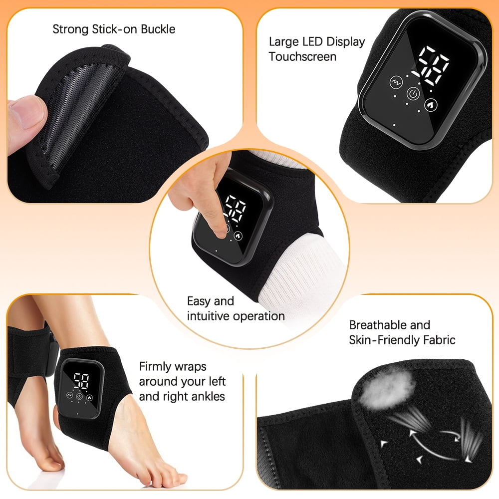 Ankle Heating Pad with Massage, 2Pcs Cordless Heated Ankle Brace Wrap, 3 Heat & Vibration Settings, USB Rechargeable Ankle Massager for Pain Relief, Black