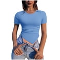 thumbnail image 2 of Wiyuqeen Women's Slimming Crop Tops Basic Solid Color Crewneck Short Sleeve T-Shirts Soft Trendy Asymmetrical Hem Blouses Summer Going Out Tees, 2 of 6