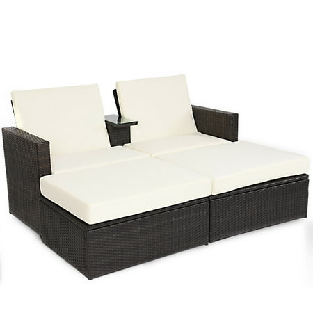 - Double Lying Bed Chaise Lounge Chair Set Garden Rattan Wicker Outdoor Love Seat