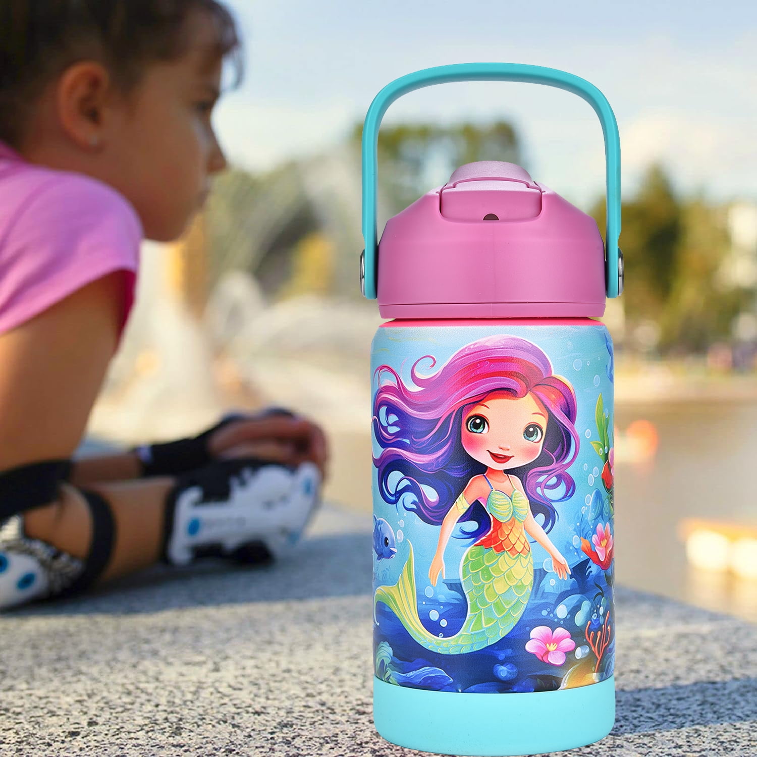 CaseTown 12oz Kids Insulated Water Bottle, Leak-proof Toddler Cup With Straws Lids, Kids Water Bottles For School Boys Girls, Stainless Steel Vacuum Insulated Bottle For Kids (Cute Mermaid)