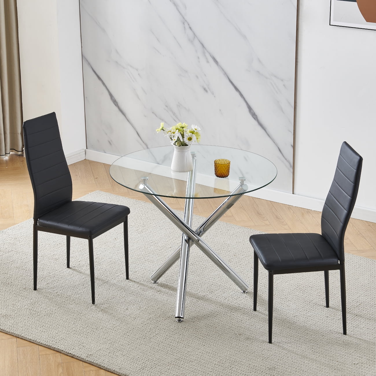 Set of 3 Dining Table Chair Set Round Glass Table Side Chairs 2 PU