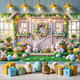 thumbnail image 6 of Bunny Design Easter Banner Colorful Eggs Spring Display Floral Pattern Flower Wreath Bunny Backdrop for Easter Celebration Spring Party Garden Decoration, 6 of 9