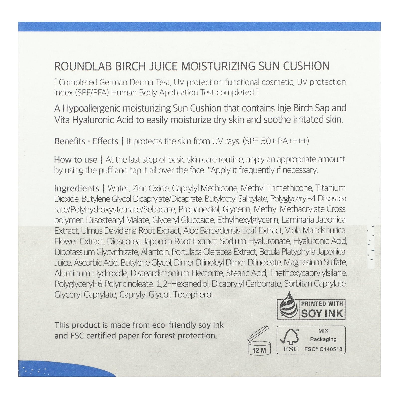 Round Lab Birch Juice Moisturizing Sun Cushion, SPF 50+, PA++++, 1 Cushion