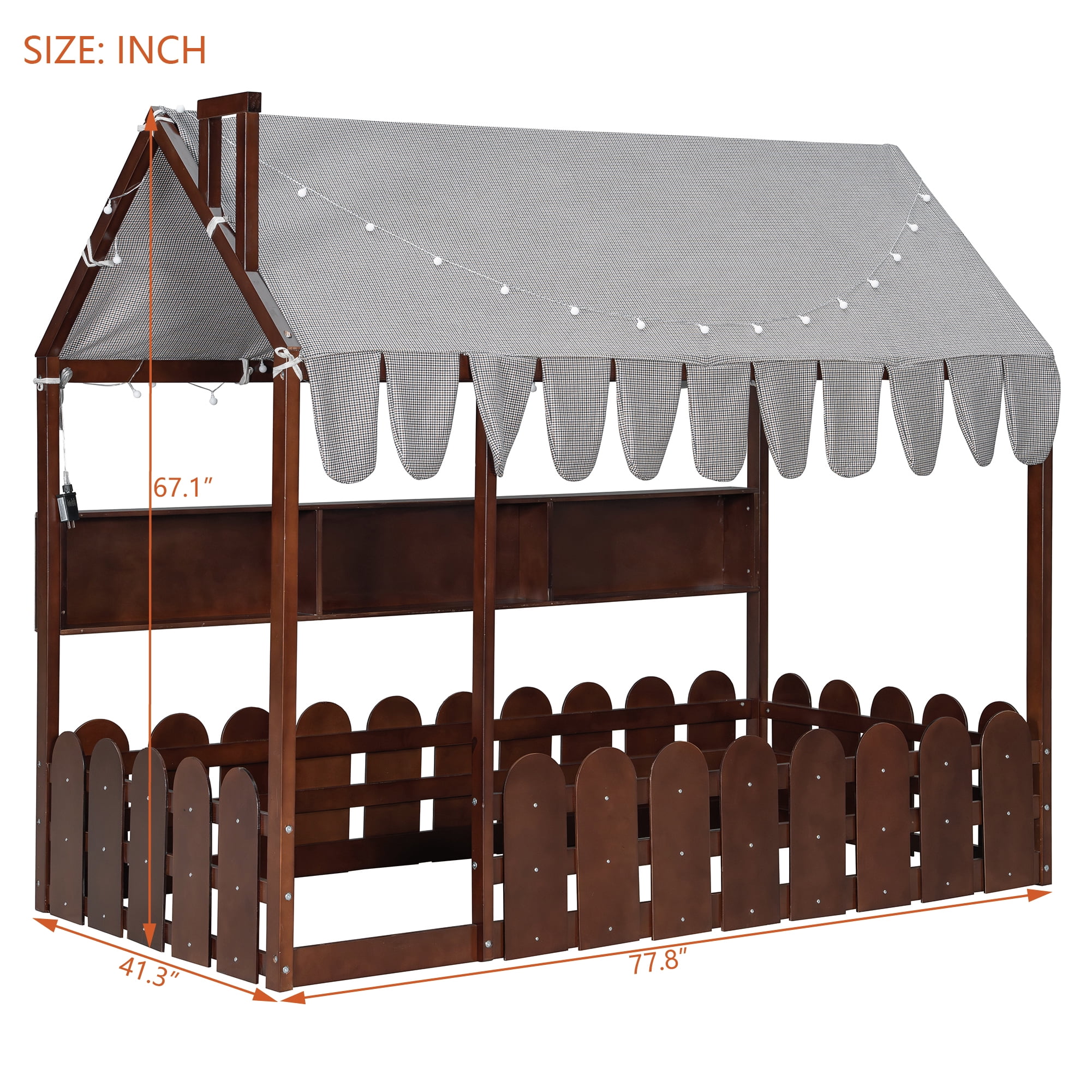 Sailvan Twin Size Montessori House Bed for Kids, Floor Bed with Fence Railings, Slats not included