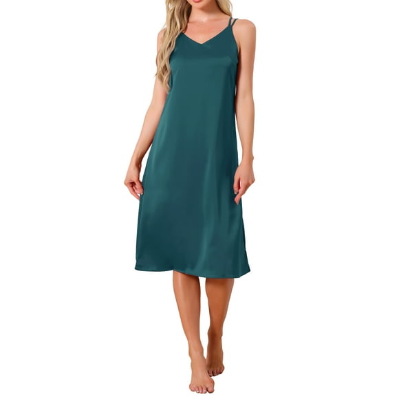 INSPIRE CHIC Vestido de dormir para mujeres de satén sin mangas con doble tirante de espagueti, espalda cruzada, sexy, escote en V, midi, bata de noche, L azul
