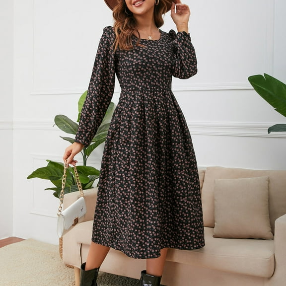 Sentmoon High Waist Womens Dresses Long Sleeve Square Neck Holiday Dresses for Women Casual Fashion Floral Print Midi Dresses,Loose Flowy Trendy A-line Dresses Pink M