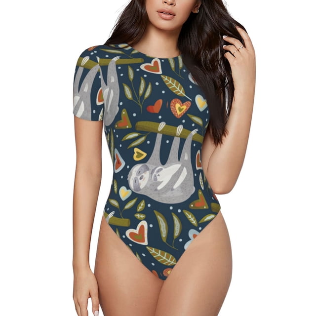 Balery Cute Sloth Body de cuello redondo de manga corta para mujer Tops de manga corta Tops básicos-Small