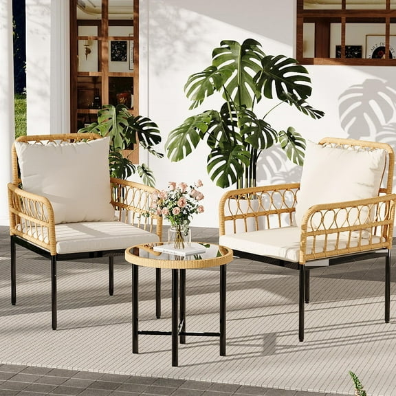 Huisuilinss Patio Bistro Set,3 Piece Outdoor Wicker Table And Chairs Set Of 2 With Cushions,All-Weather Rattan Patio Furniture Set,Conversation Sets For Front Porch Backyard Poolside Deck Apartment