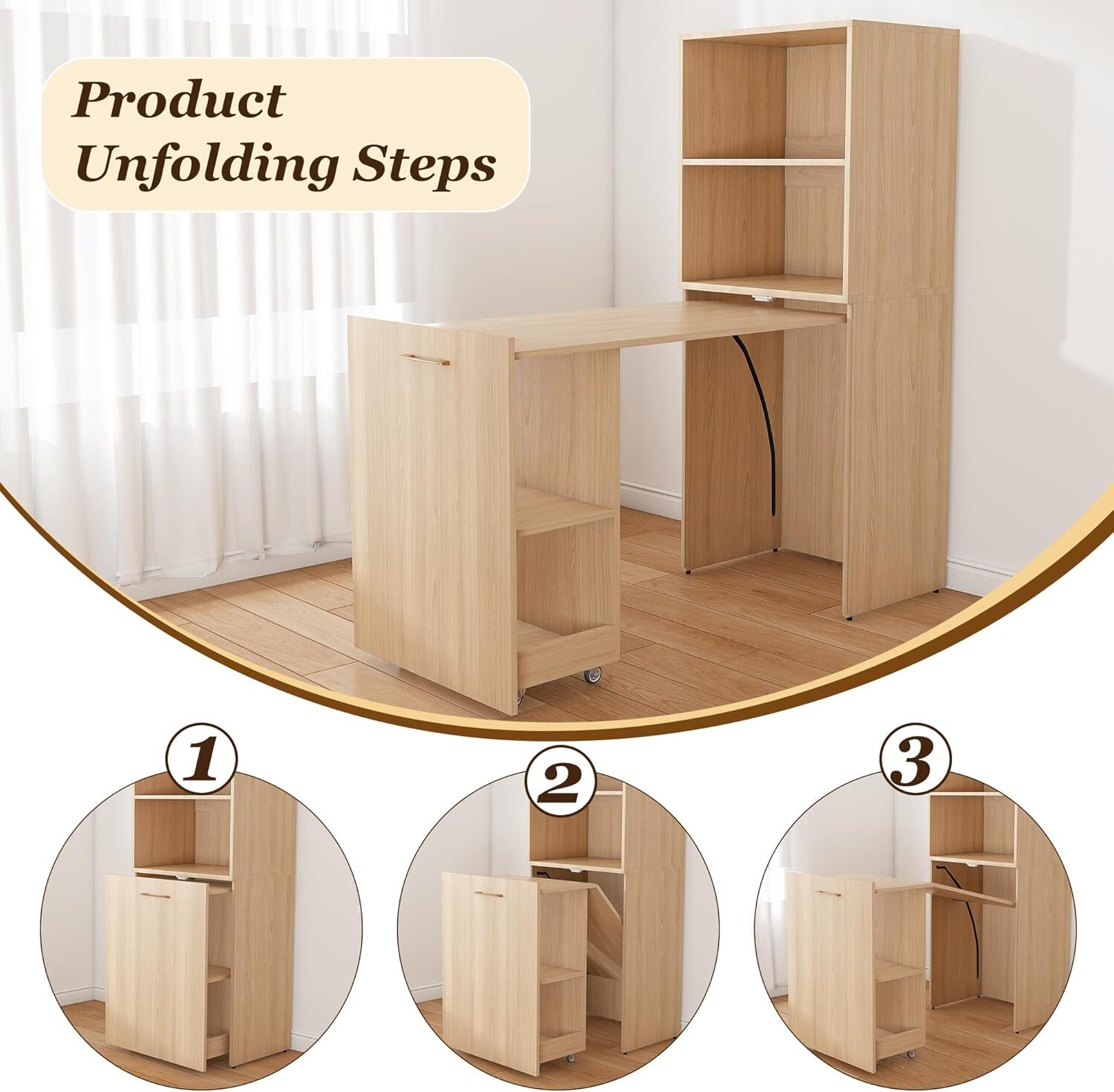 Montary Mobile L-Shaped Desk with Shelves & Wheels, Foldable & Expandable Office Desk for Small Spaces (Natural)