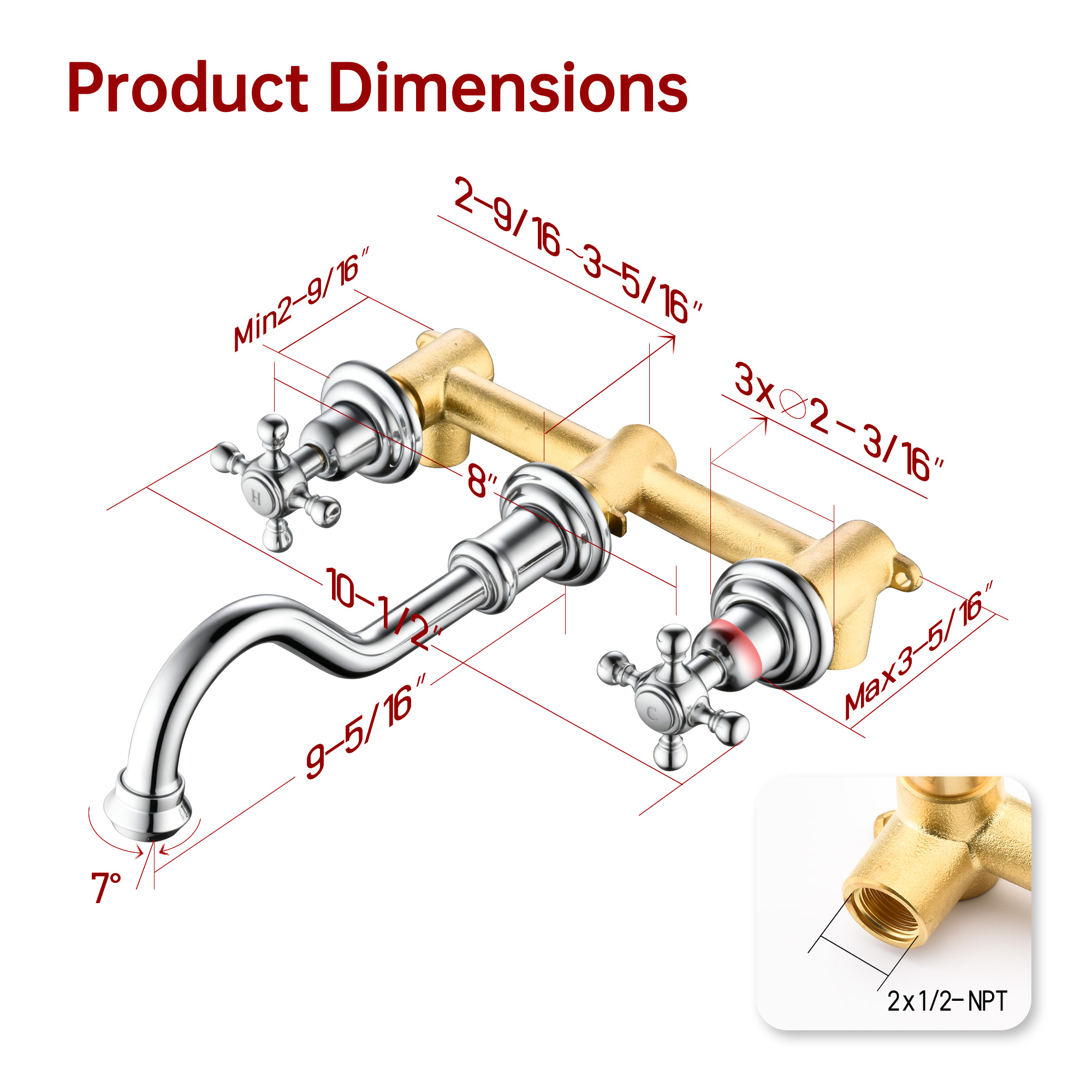 SUMERAIN Vintage Wall Mount Bathroom Vessel Sink Faucet,3 Holes Cross Knobs Lavatory Basin Faucet Chrome Finish with Included In-Wall Valve