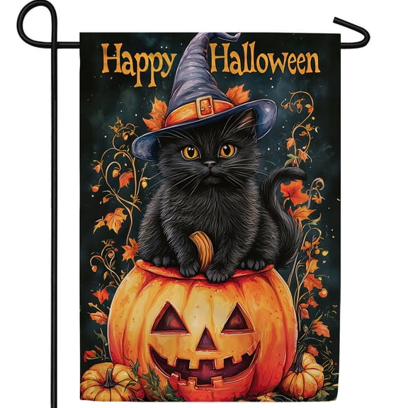 America Forever Halloween Black Cat Garden Flag, 12.5 x 18 inches Double Sided, Happy Halloween Garden Flag, Jack-O-Lantern Flag, Witch Cats Garden Flag, Halloween Yard Decor Seasonal Flags for Yard