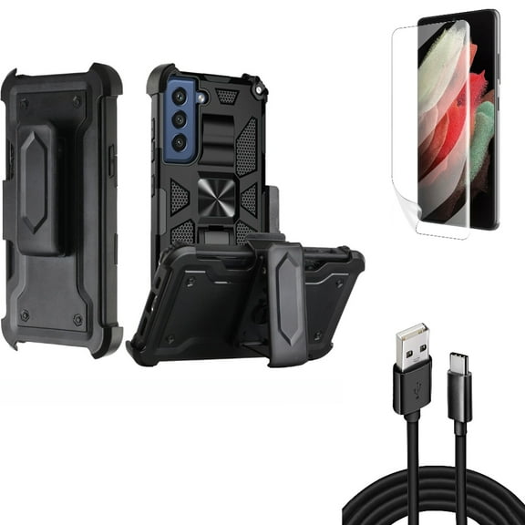 Matte Screen Protector & Case Belt Clip & 10ft USB Cable for Samsung Galaxy S22 Plus (S22 ) - Combo TPU Film Anti-Glare & Holster Swivel Cover & Type-C Charger Cord Power