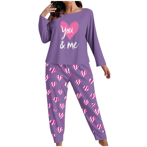 Fengactive Women's Plus Size Pajama Sets Valentines Printed Comfy Long Sleeve Tops and Pants Lounge Matching Pj Set