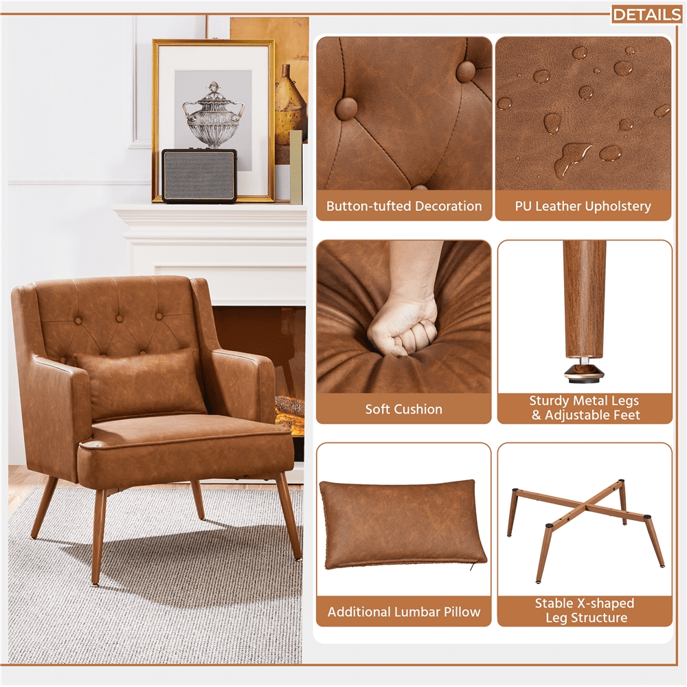 Renwick Modern Button-Tufted Faux Leather Accent Chair,Retro Brown