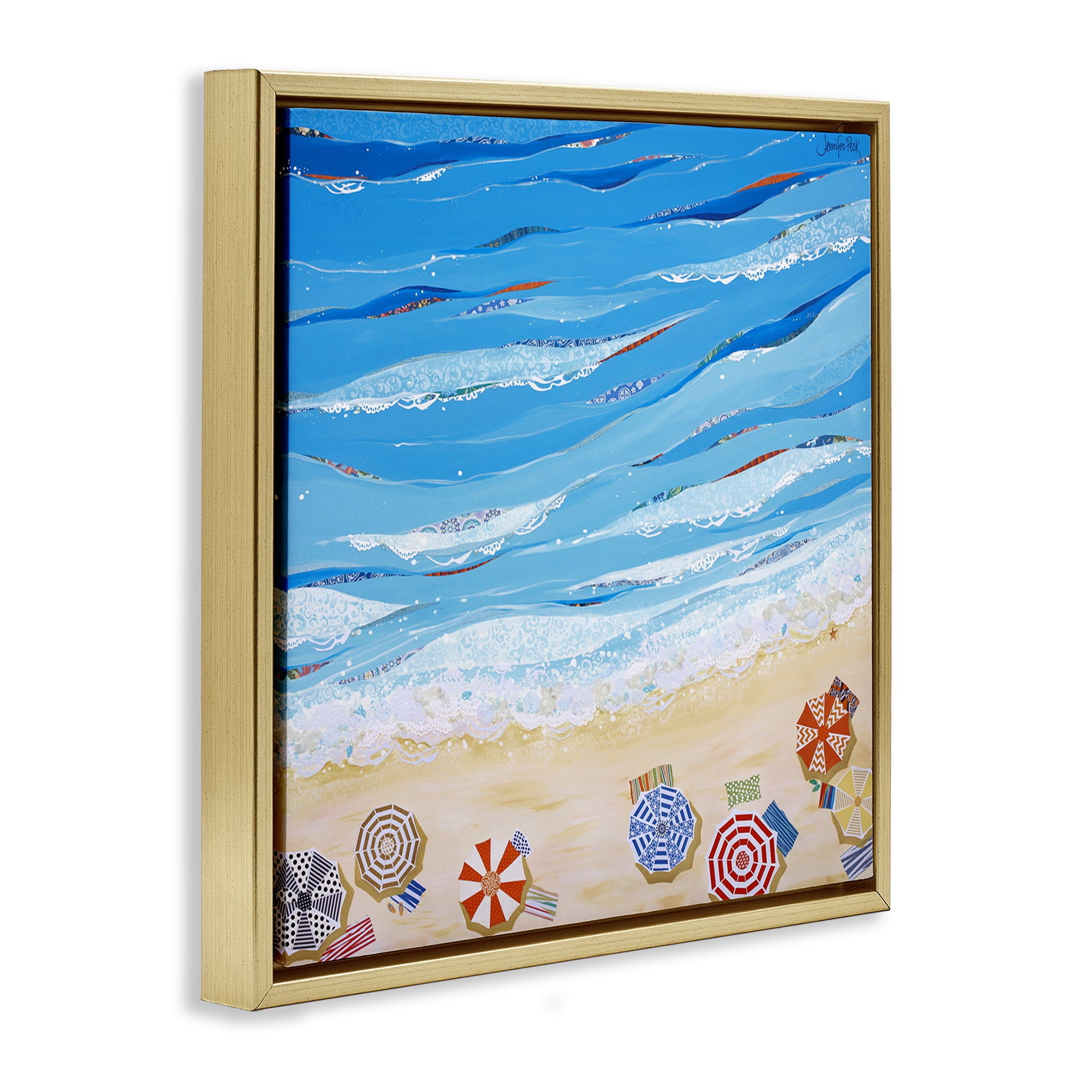 Stupell Industries Made In The Shade Beach Landscape Painting Gold Floater Framed Canvas Art Print Wall Art, 18 x 18
