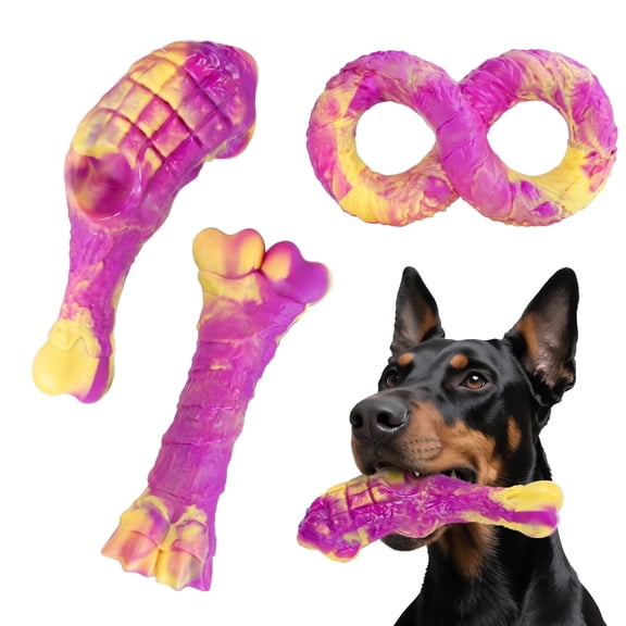 3-Pack Dog Chew Toys for Aggressive Chewers  Nylon- Bacon Flavor Tough Bone, Drumstick & Ring Set, Indestructible Teeth Cleaning & Boredom Relief Toys for Medium & Large Breed Dogs