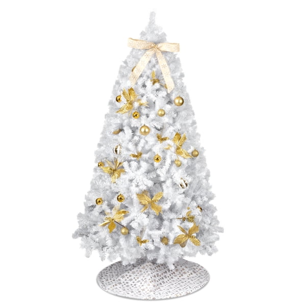 Alvantor 7.5 ft White Artificial Christmas Tree with 400 Warm White LED Lights, Remote, 1600 PVC Tips, Gold Ornaments and Tree Skirt