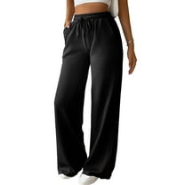 SWSMCLT Women's High Waisted Pants Ribbed Knit Drawstring Full Length Pants Long Lounge Casual Pants Wide Leg Pocket Loose Fit Elastic Black X-Large