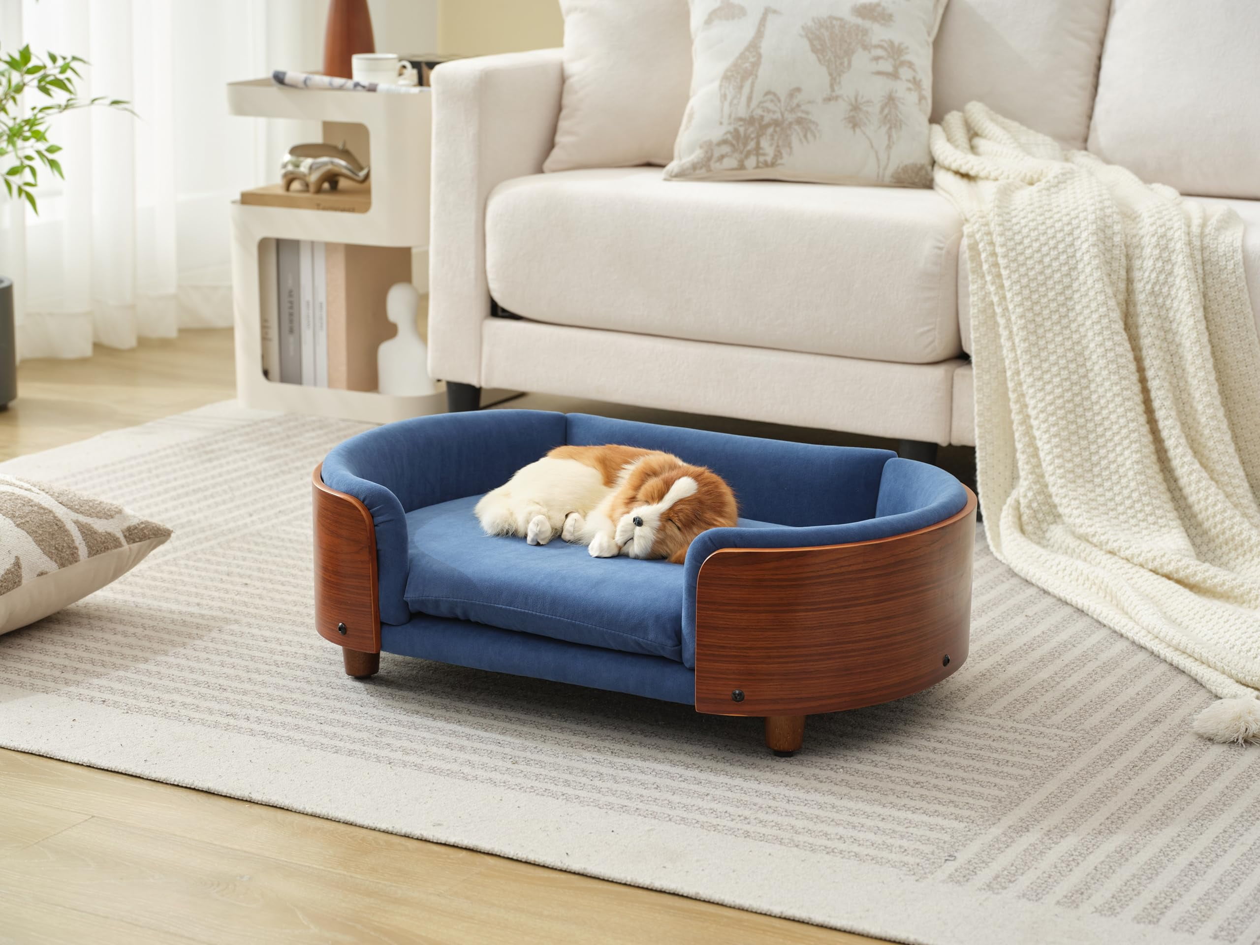 Scandinavian Style Elevated Dog Bed Pet Sofa with Solid Wood Legs and Bent Wood Back, Velvet Cushion, Small Size, Walnut Frame & Dark Blue Cushion