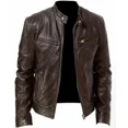 thumbnail image 2 of Chaqueta de cuero para motocicleta para hombre, chaquetas ajustadas de PU con solapa, abrigo de cuero informal a prueba de viento con cremallera para otoño e invierno, ropa para hombre, 2 of 5