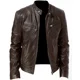 thumbnail image 2 of Chaqueta de cuero para motocicleta para hombre, chaquetas ajustadas de PU con solapa, abrigo de cuero informal a prueba de viento con cremallera para otoño e invierno, ropa para hombre, 2 of 5