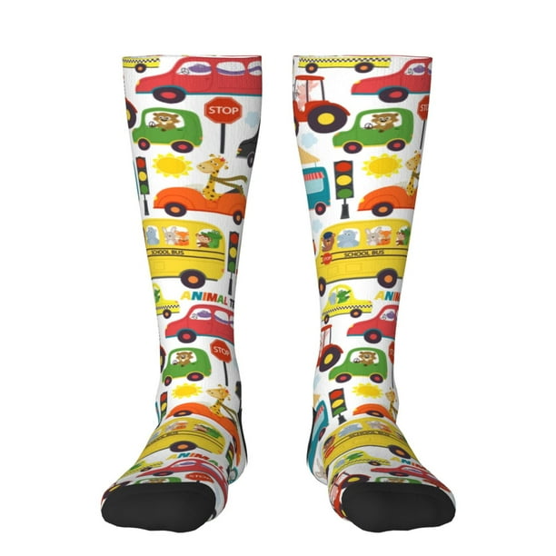 Fotbe Transports with Animals Calcetas Divertidas Estampadas para Hombre y Mujer, Calcetas de Algodón hasta la Rodilla para Caminar, Correr, Enfermería y Embarazo