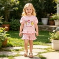 thumbnail image 2 of CUZIBR Summer Toddler Girls Back To School Outfits Short Sleeve Cute Cartoon Print Crewneck Basic T Shirt Ruffles Wide Leg Fashionable Summer Fall 2 Piece Short Clothes Sets,Pink,2-3 Years, 2 of 8