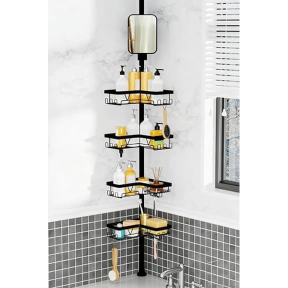 Shower Caddy Tension Pole with Anti-Fog Shaving Mirror, Tension Rod Shower Caddy Corner for Bathroom Organizer, Black