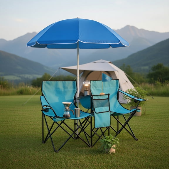 Topcobe Portable Folding Picnic Double Chair With Umbrella, Outdoor Beach Chair with Umbrella, Turquoise