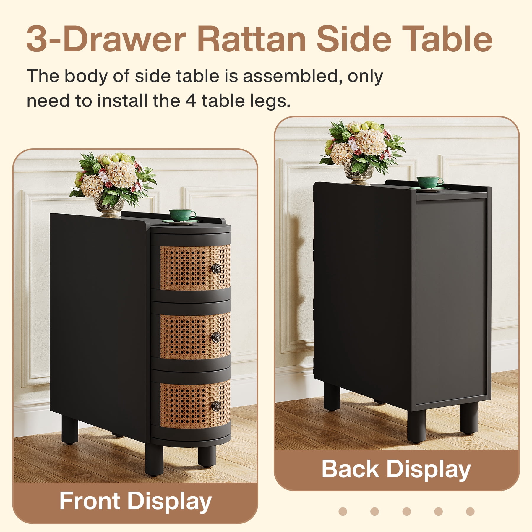 Fnova 26" Solid Wood End Table, Farmhouse Side Table with 3 Rattan Drawers, Slim Sofa Table Nightstand with Vintage Embossed Handles for Living Room, Bedroom, Finished Back, No Assembly