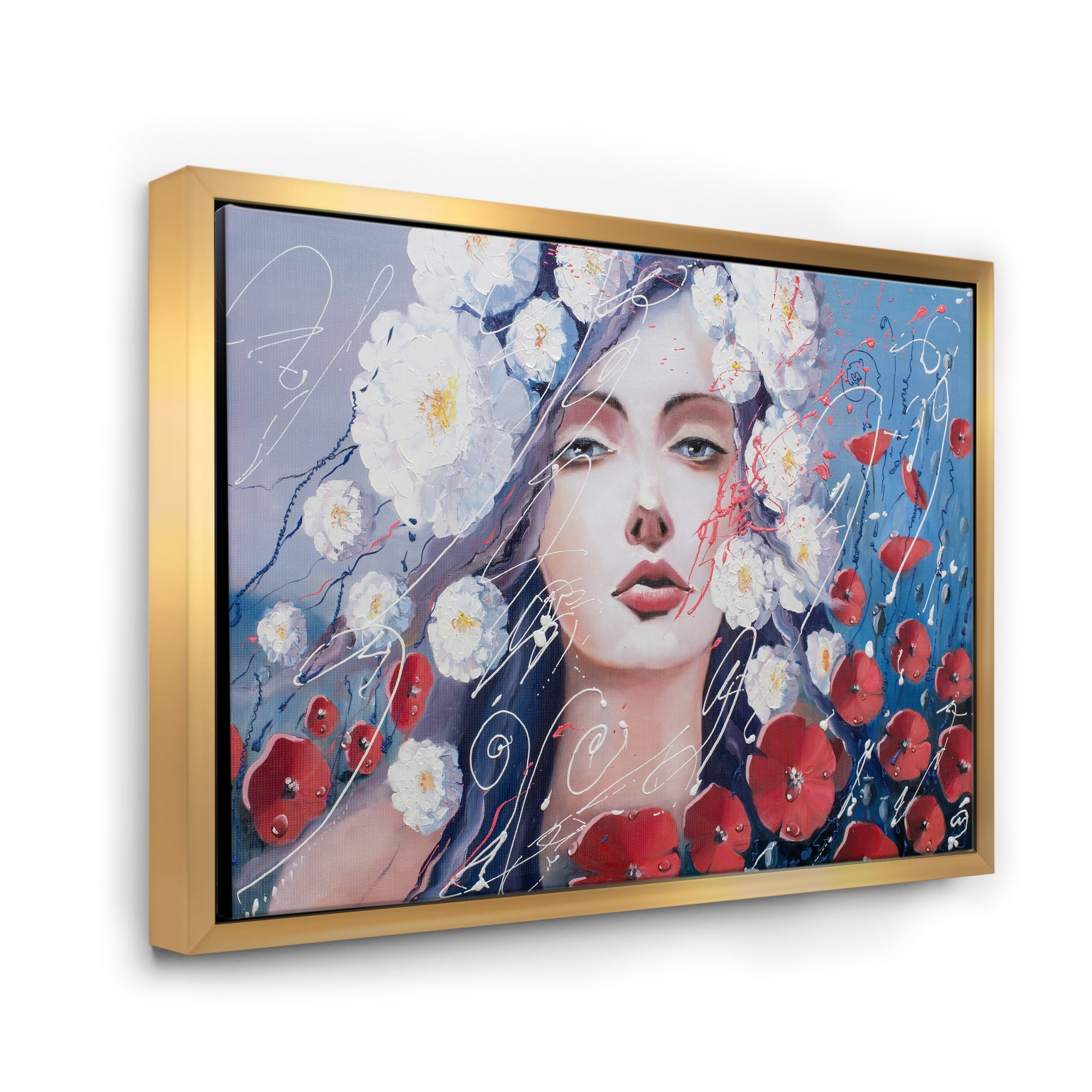 Portrait Of A Young Lady With Red & White Flowers 32 in x 24 in Framed Painting Canvas Art Print, by Designart