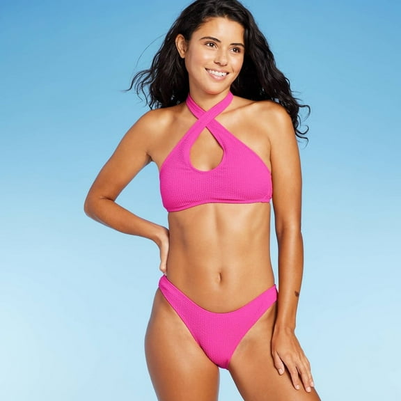 Women's Cross Front Pucker Textured Halter Bikini Top - Wild Fable‚Ñ¢ Hot Pink XS