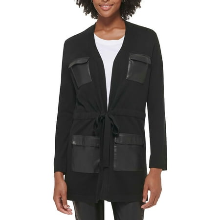 Calvin Klein Womens Faux Leather Trim Open Front Cardigan Sweater