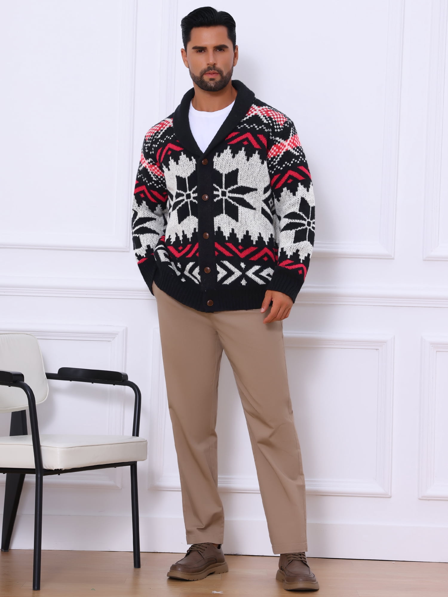 DARING DIVA Men's Shawl Collar Long Sleeved Knitwear Cardigan Sweater M Black Red