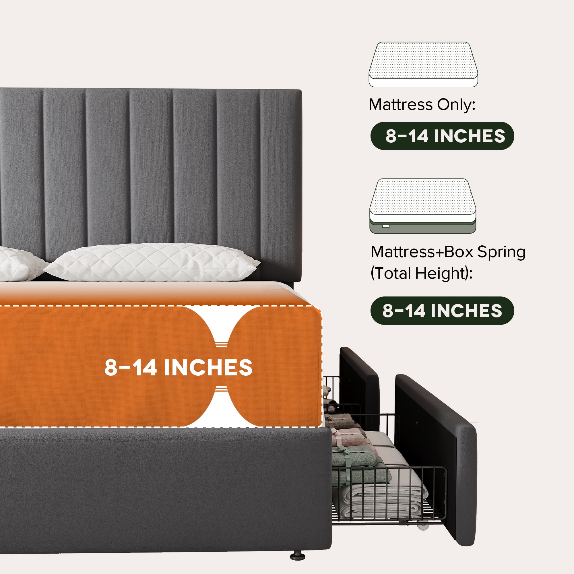 Einfach Queen Bed Frame with Adjustable Upholstered Velvet Headboard and 4 Storage Drawers, No Box Spring Required, Gray