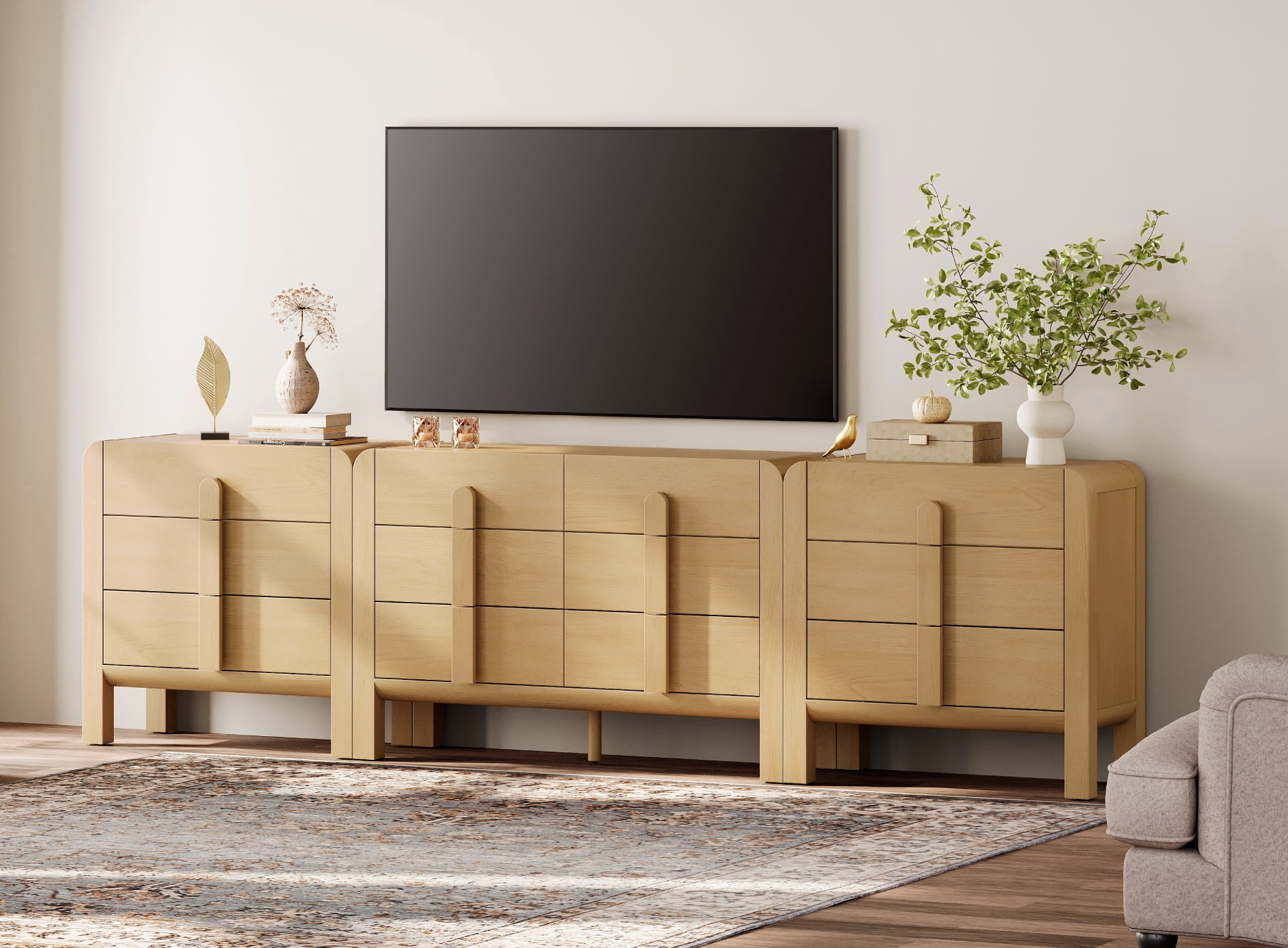 Modern Dresser TV Stand for TVs up to 120 inch, 3-in-1 Mid Century Entertainment Center with Storage, Wood Media Console Table with 12 Drawers for Living Room Bedroom
