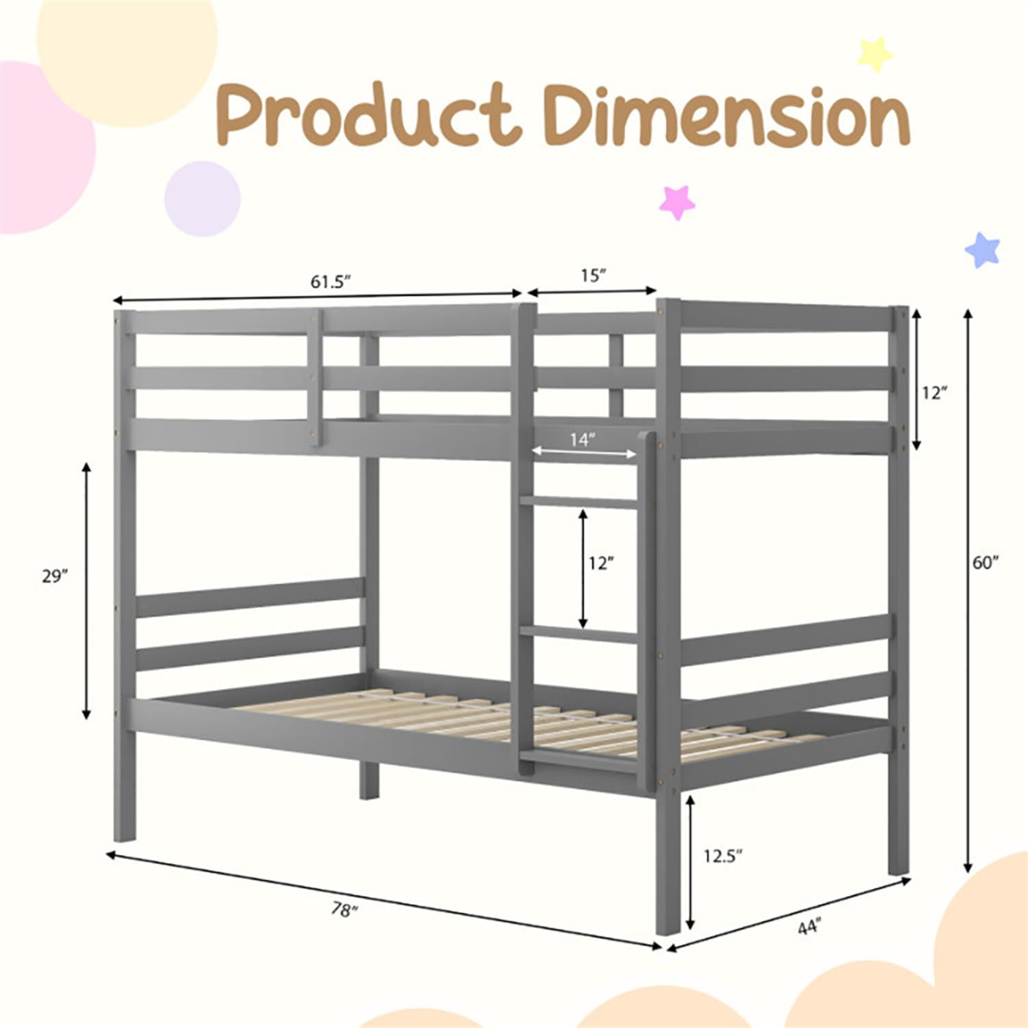Demi Bonn Twin Size Over Wood Bunk Bed with Ladder and Safety Rail, Twin Sturdy Bunk Beds, Gray