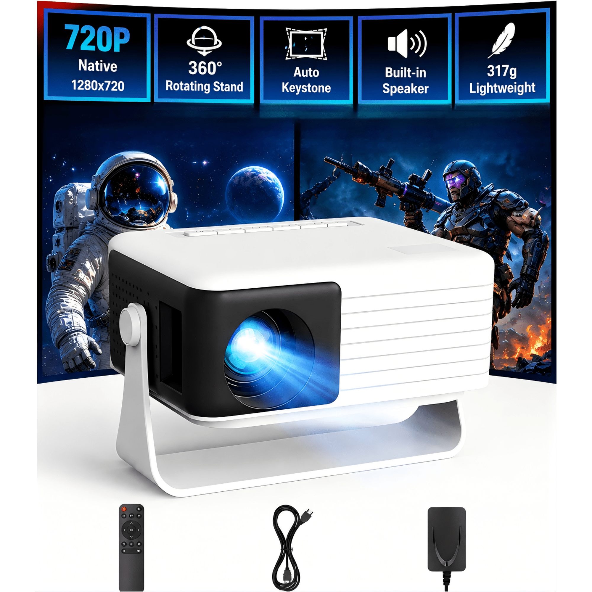 CocoBear Y3 Mini Projector, Native 720P, 360° Rotating Stand, Auto Keystone, Portable Movie Projector with HDMI USB, Compatible with iPhone, Android, PS5, Xbox, Switch, Black