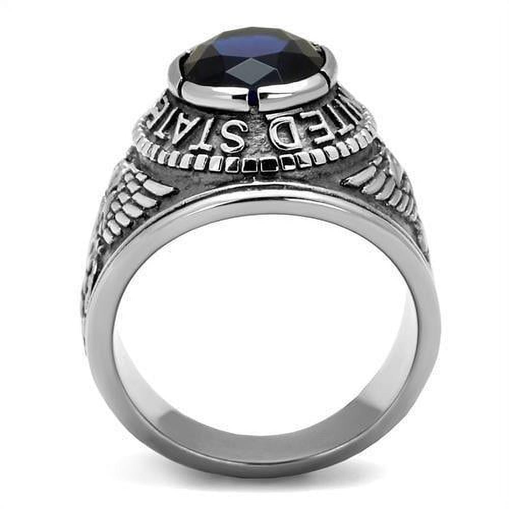 US Navy Ring for Men and Women Unisex Stainless Steel Military Patriotic Ring in Silver with Blue Stone