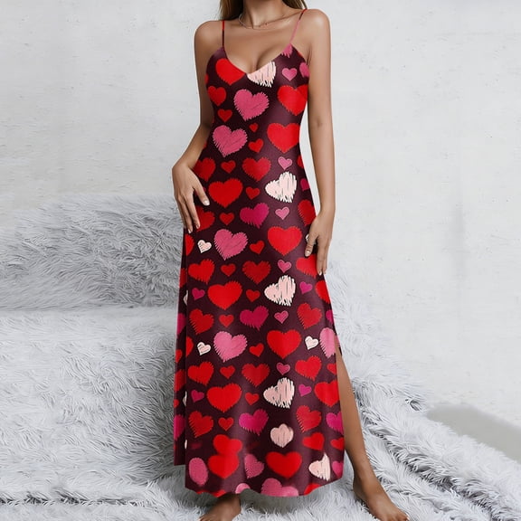 TaTaai Women‘s Valentine Nightgown, V-Neck Sleeveless Slit Slip Dress, Floral Printed Satin Loungewear, Summer Sleepwear Pajama Dress Gift