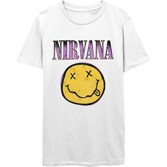 Men's Nirvana Xerox Smile Face Logo Pink Slim Fit T-shirt Small White