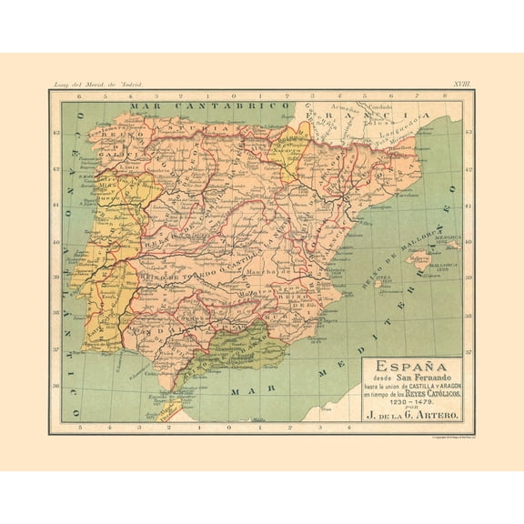 Historic Map - Spain 1230 AD to 1479 AD - Artero 1879 - Vintage Wall Art
