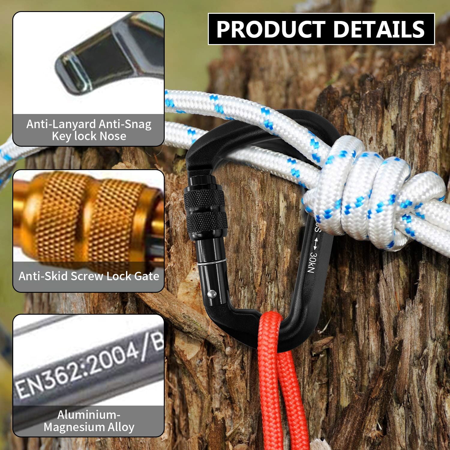 Aluminum Carabiner Clip, Heavy Duty Carabiners with Screw Gate 30kN D Ring Locking Carabiner for Hiking Camping Fishing and Outdoor Use(3 PCS)