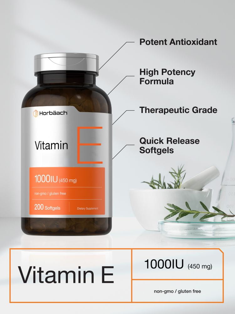 Vitamin E Capsules 1000 IU | 200 Softgels | Preservative Free | by Horbaach